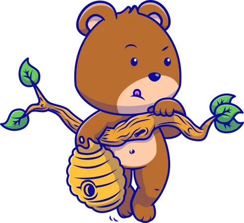 Grizzly Bear Hanging On Branch Holding Honey  Illustration