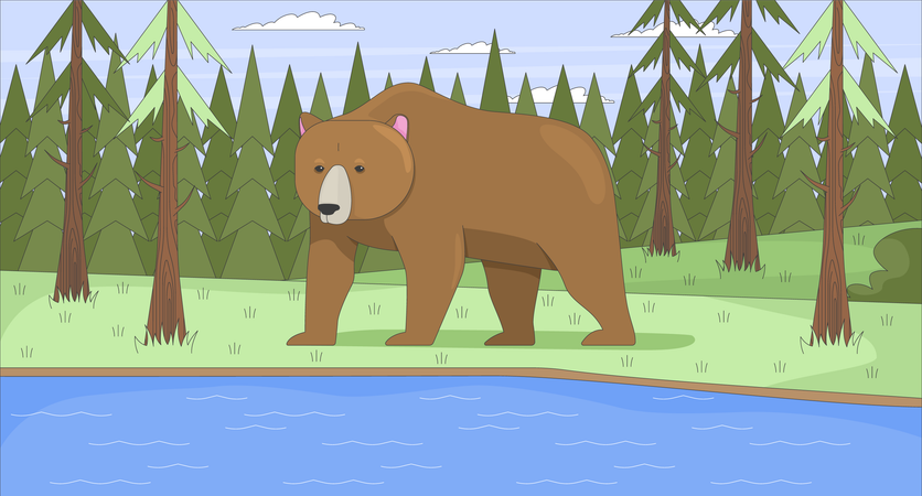Grizzly-Braunbär steht am Waldsee  Illustration