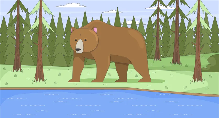 Grizzly-Braunbär steht am Waldsee  Illustration