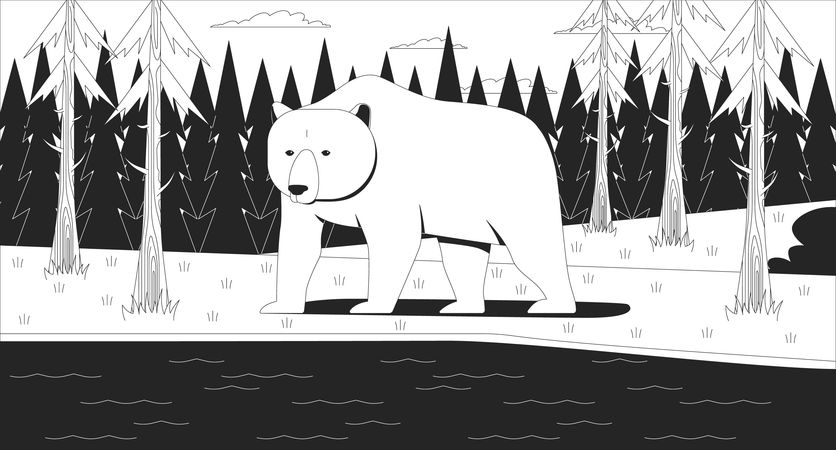 Grizzly-Eisbär steht am Waldsee  Illustration