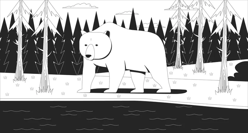 Grizzly-Eisbär steht am Waldsee  Illustration