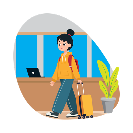 Grl working on laptop while travelling  Illustration