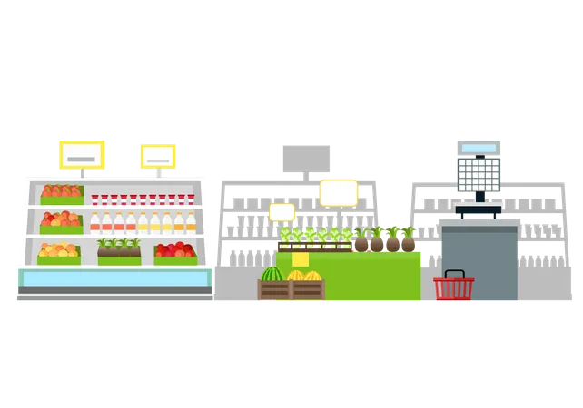 Grocery Shop Interior Concept Vector Flat Design Showcase Shelves And Boxes With Fruits Vegetables Milk Products Check Printing Scales Trade Equipment And Merchandising Work Illustrating Illustration
