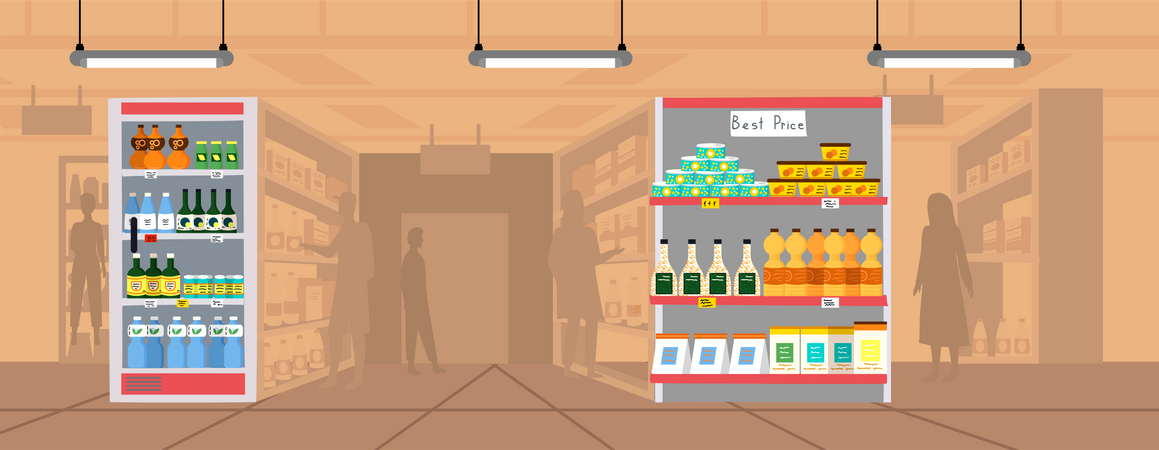 Grocery shop with food on shelves  Illustration