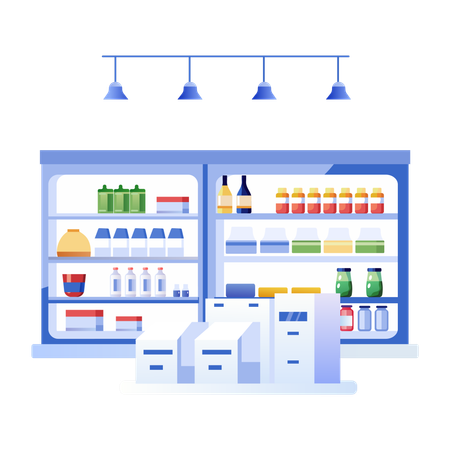 Grocery Shop with shelves stocked with various food items  Illustration