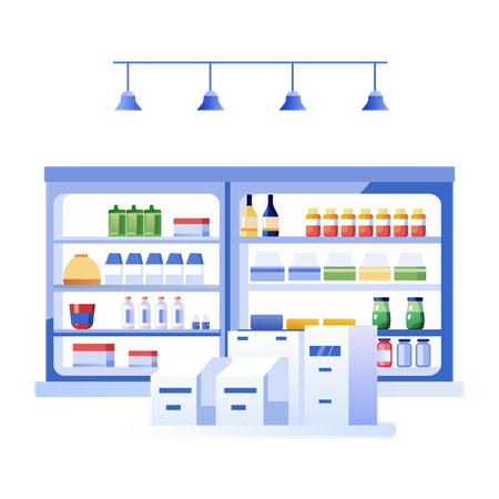 Grocery Shop with shelves stocked with various food items  Illustration