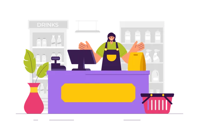 Grocery Shopping Checkout Counter  Illustration