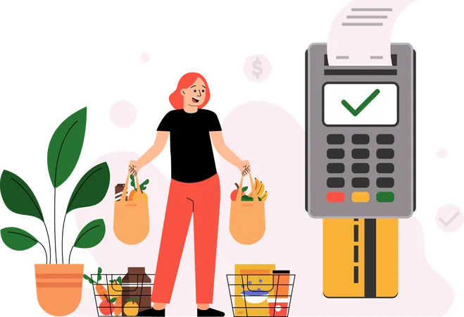 Grocery shopping payment using POS machine  イラスト