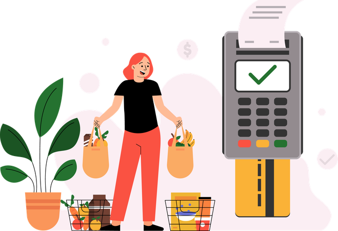 Grocery shopping payment using POS machine  Illustration