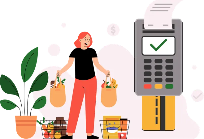 Grocery shopping payment using POS machine  Illustration