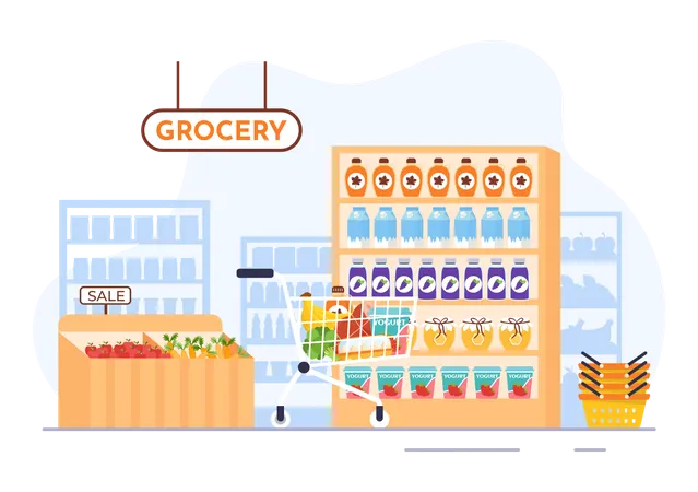 Food Grocery Store Shopping Vector Illustration With Foods Items And Products Assortiment On The Supermarket In Flat Cartoon Hand Drawn Templates Illustration