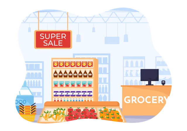 Food Grocery Store Shopping Vector Illustration With Foods Items And Products Assortiment On The Supermarket In Flat Cartoon Hand Drawn Templates Illustration