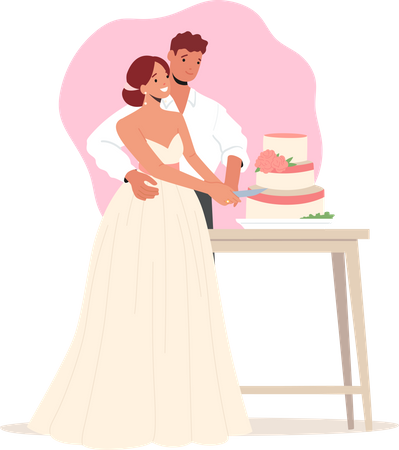 Groom and Bride Cut Cake during Wedding Ceremony Illustration