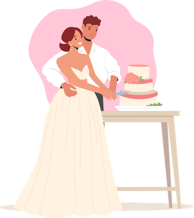 Groom and Bride Cut Cake during Wedding Ceremony  Illustration