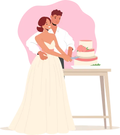 Groom and Bride Cut Cake during Wedding Ceremony  Illustration