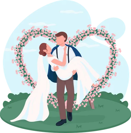 Newlyweds In Love 2 D Vector Isolated Illustration Husband And Wife At Reception Groom Carrying Bride Just Married Flat Characters On Cartoon Background Celebrating Wedding Colourful Scene Illustration