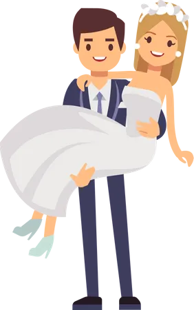 Cartoon Wedding Couple Just Married Vector Characters Groom And Bride Love Togetherness And Happiness Illustration Illustration