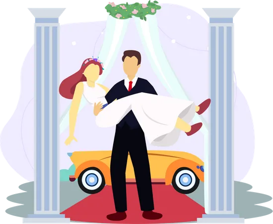 Groom carrying Bride on wedding day  Illustration