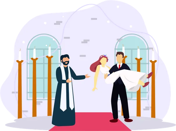 Groom carrying Bride on Wedding Day  Illustration