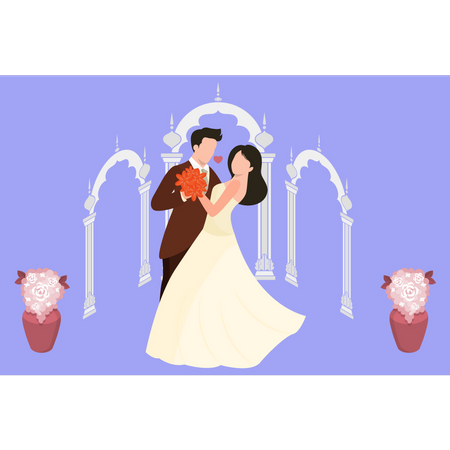 Groom holds bride in arms in romantic manner Illustration