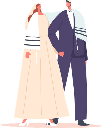 Groom in Suit and Bride in White Dress Illustration