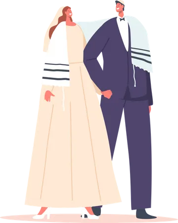 Groom in Suit and Bride in White Dress Illustration
