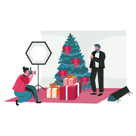 People Work As Photographers Scene Concept Woman With Camera Takes Photo Of Man In Christmas Decorations Profession And Hobby People Activities Vector Illustration Of Characters In Flat Design Illustration