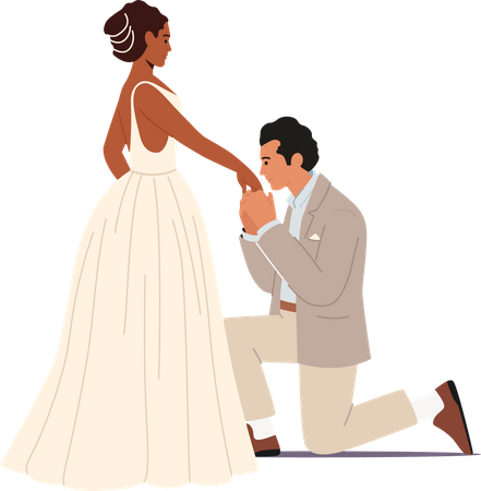 Groom Stand on Knee Kissing Bride Hand  Illustration