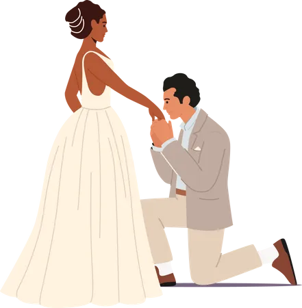 Groom Stand on Knee Kissing Bride Hand  Illustration