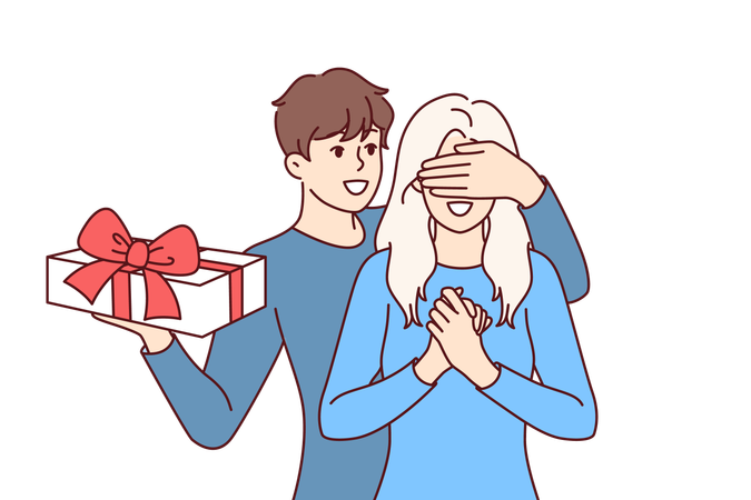 Groom surprises girlfriend with gift box and covering girl eyes with hand  Illustration