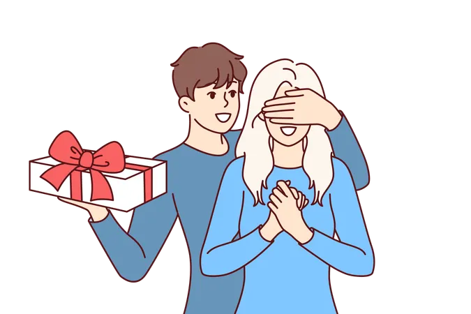 Groom surprises girlfriend with gift box and covering girl eyes with hand  Illustration