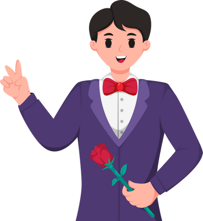 Groom with Rose Flower while showing victory hand  Illustration