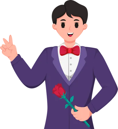 Groom with Rose Flower while showing victory hand  Illustration