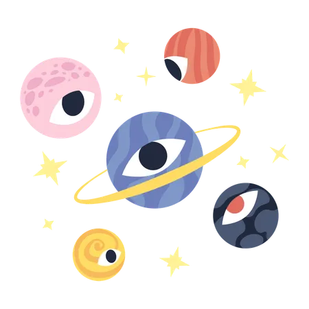 Groovy Planets With Eyeball 2 D Illustration Concept Trippy Eye Planets Cosmic Space Isolated Cartoon Scene White Background Cosmos Vision Psychedelic Galaxy Metaphor Abstract Flat Vector Graphic Illustration