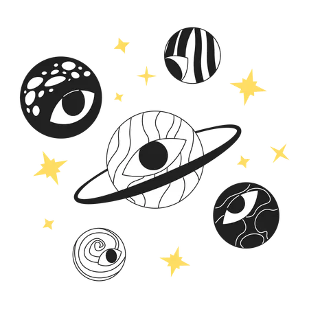 Groovy Planets With Eyeball Black And White 2 D Illustration Concept Trippy Eye Planets Cosmic Space Isolated Cartoon Outline Scene Cosmos Vision Psychedelic Galaxy Metaphor Monochrome Vector Art Illustration