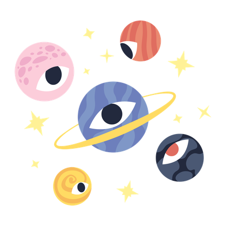 Groovy planets with eyeball  Illustration