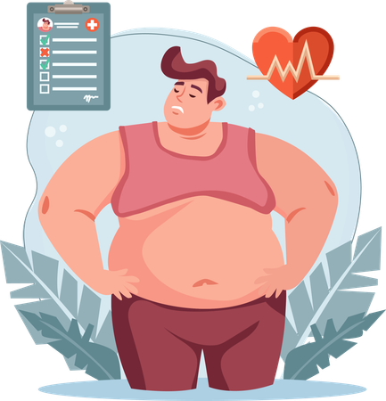 Le gros homme a des complications cardiaques et de l'hypertension artérielle. Vous devez prendre soin de votre corps.  Illustration