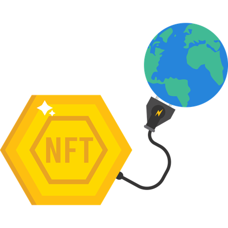 Gros jeton NFT avec prise électrique aspirant l'énergie de la planète Terre  Illustration