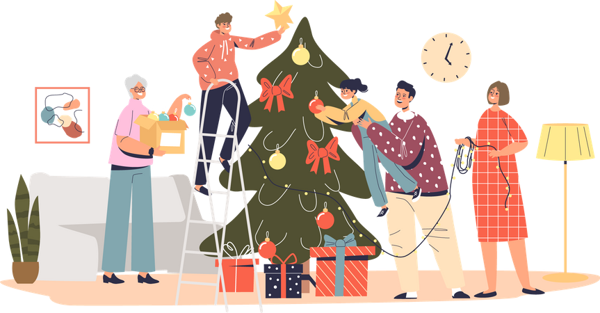 Große Familie schmückt gemeinsam den Weihnachtsbaum und hängt Dekokugeln, Girlanden und Sterne an die Tanne  Illustration