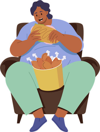 Grosse femme mangeant des cuisses de poulet frites  Illustration