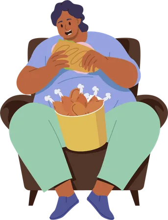 Grosse femme mangeant des cuisses de poulet frites  Illustration