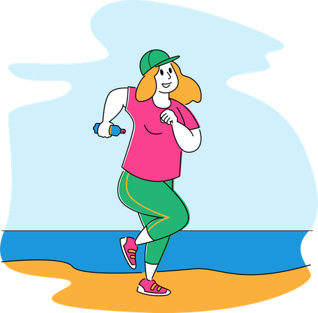 Grosse fille en tenue de sport courant sur la plage  Illustration