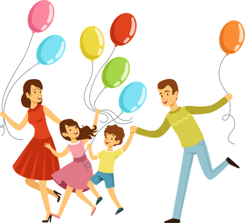 Große, glückliche Familie läuft mit Ballon  Illustration