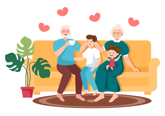 Großeltern sitzen mit Kindern zusammen  Illustration