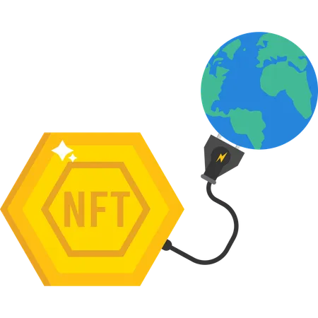 Großer NFT-Token mit Stromstecker, der Energie vom Planeten Erde saugt  Illustration