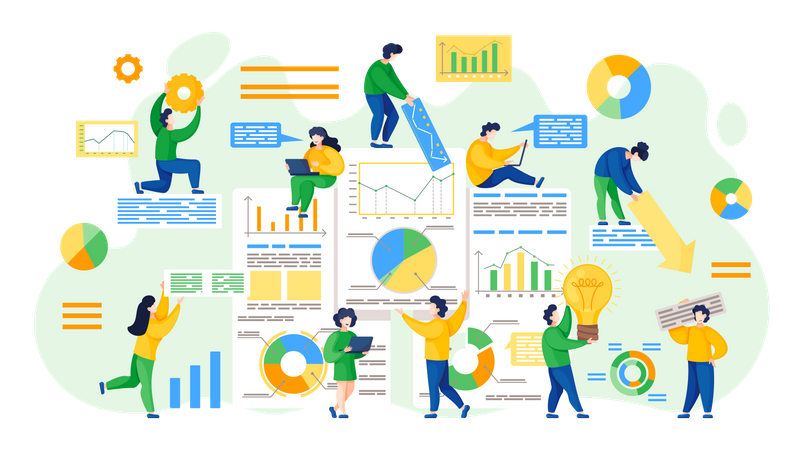 Großes Team arbeitet gemeinsam an der Datenanalyse  Illustration