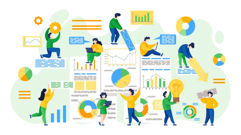 Großes Team arbeitet gemeinsam an der Datenanalyse  Illustration