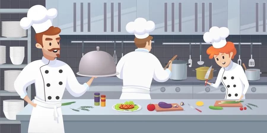 Vektorillustration Einer Restaurantkuche Mit Kuchenpersonal Das Ein Rundes Cloche Tablett Mit Essen Halt Illustration