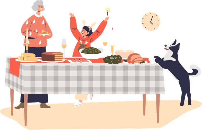 Großmutter und Kind Mädchen servieren Tisch für Weihnachten  Illustration