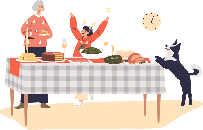 Großmutter und Kind Mädchen servieren Tisch für Weihnachten  Illustration